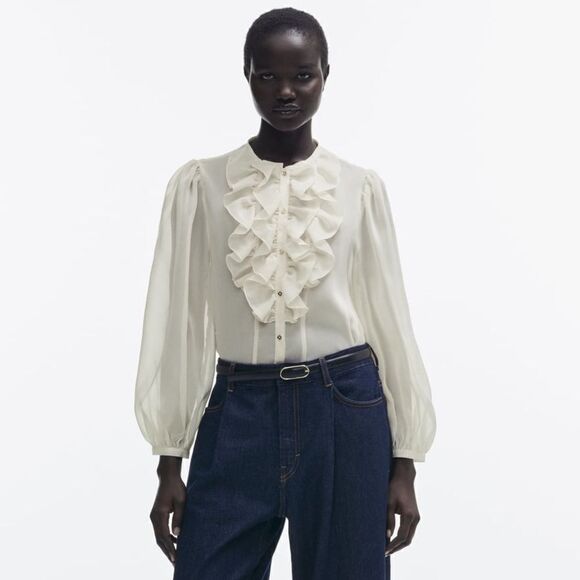 ZARA RUFFLED SEMI-SHEER TOP ECRU NWT - Picture 8 of 8